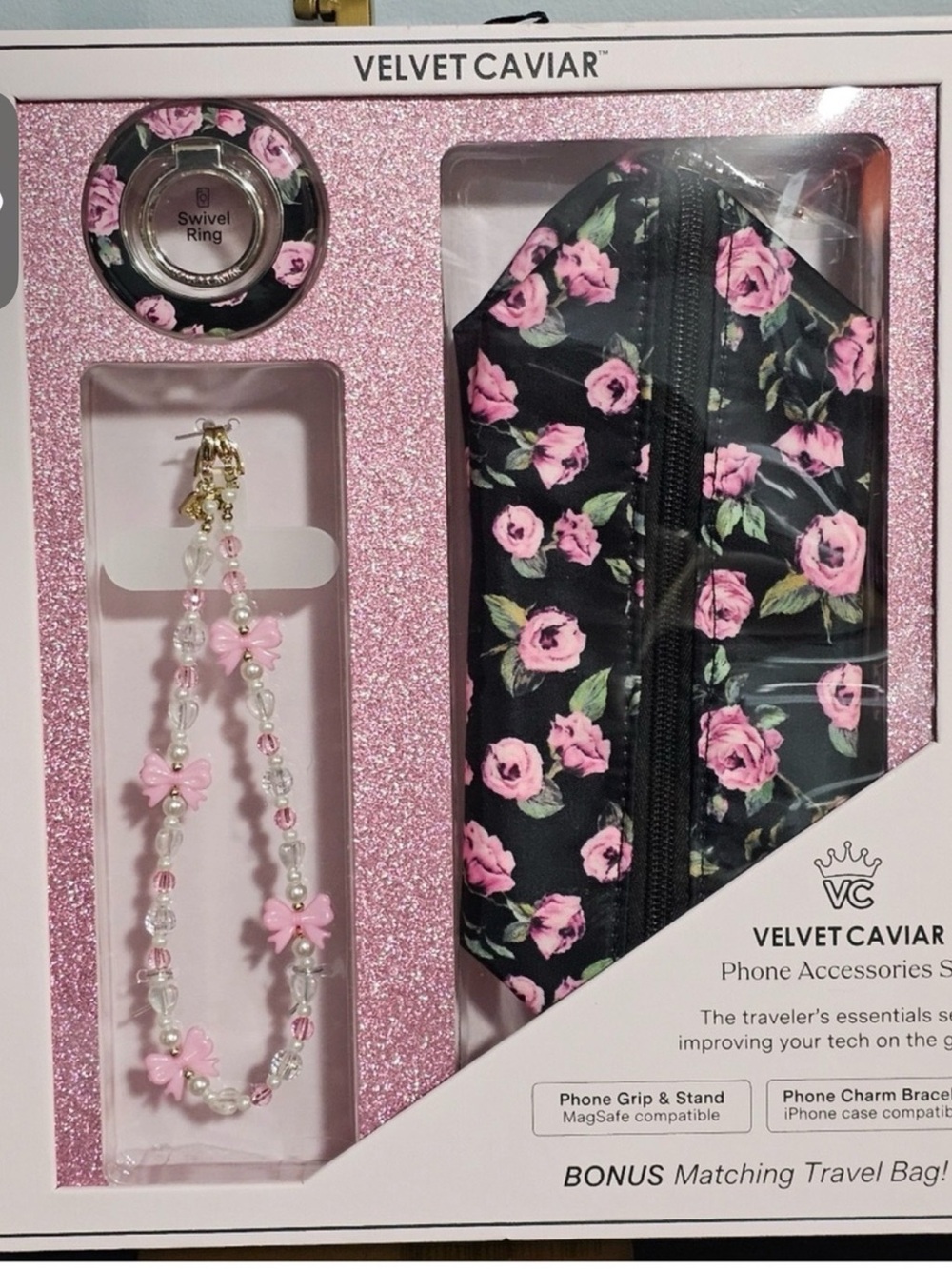 Velvet Caviar Black Floral Phone Accessory Set with Pink Roses